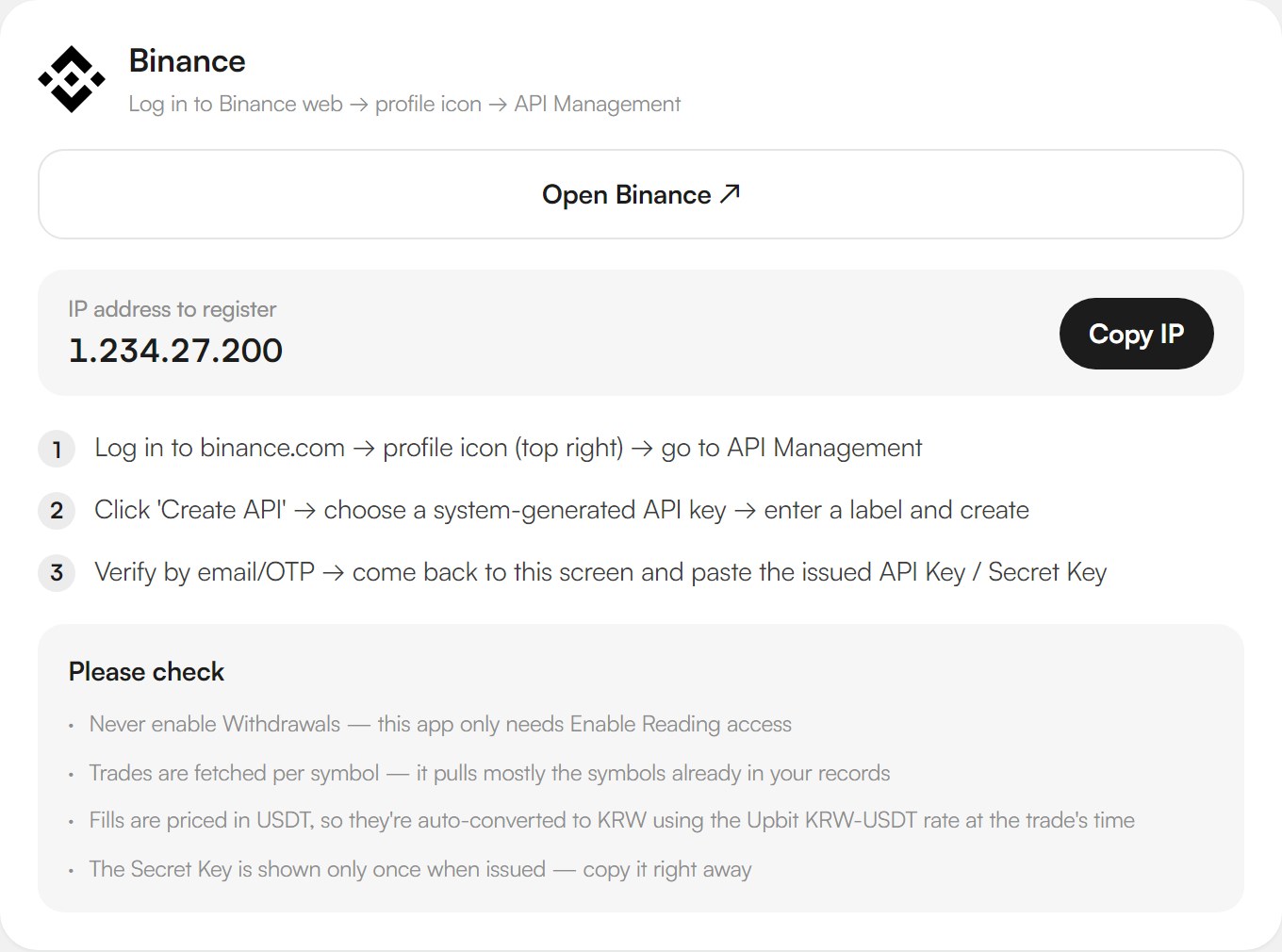 The Binance section of Satoshi Note's exchange connection guide: a three-step path (profile icon → API Management, Create API → system-generated key → label, email/OTP verification → paste into Satoshi Note) and a four-item "Please check" list including never enabling Withdrawals