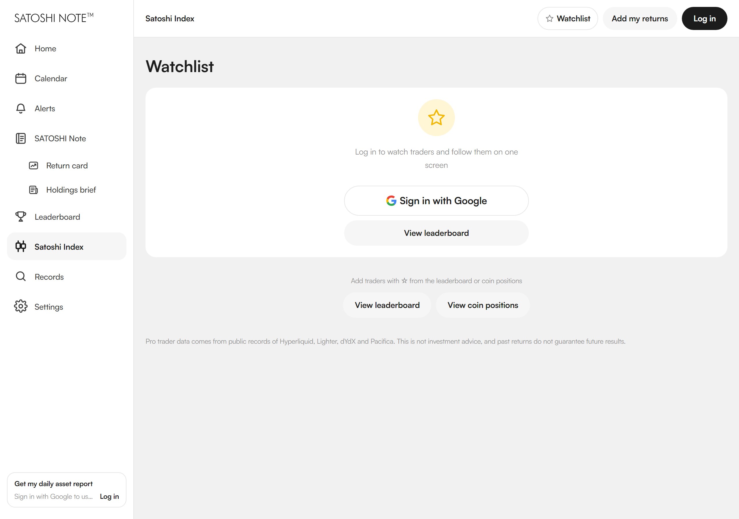 Satoshi Note Watchlist page before login: "Log in to watch traders and follow them on one screen" with a Sign in with Google button, and a footer "Add traders with ☆ from the leaderboard or coin positions"